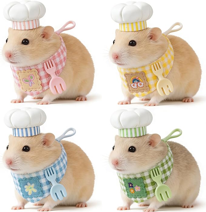4 Pcs Hamster Chef Hat and Bib Set - Cute Small Animal Chef Costume Accessories for Hamsters Guinea Pigs, Mini Pet Chef Hats with Gingham Bibs for Dress Up & Photo Props