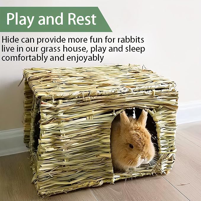 WUWEOT 2 Pack Large Grass Bunny House, Foldable Rabbit Hut, Play Hideaway Bed Hay Mat Chew Toy for Rabbit, Guinea Pigs, Gerbils, Hamster and Small Animals, 11"x8"x8"