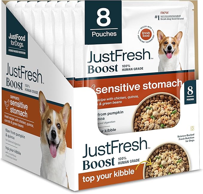 JustFoodForDogs JustFresh Boost Sensitive Stomach Dog Food Toppers with Fiber for Gut Support & Digestive Health, Human-Grade Fresh Pet Meal Booster, 8 oz Pouches - 8 Pack