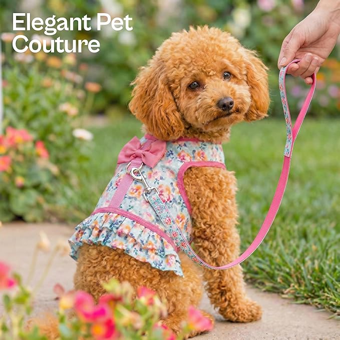 Parisian Pet Floral Dog Harness Dress - Breathable No Pull Puppy Dress with Pink Bow and Leash Ring - 100% Mesh Fabric Harnesses for Dogs - Soft Padded Step in Pet Vest - Dog Harness Medium Sized Dogs