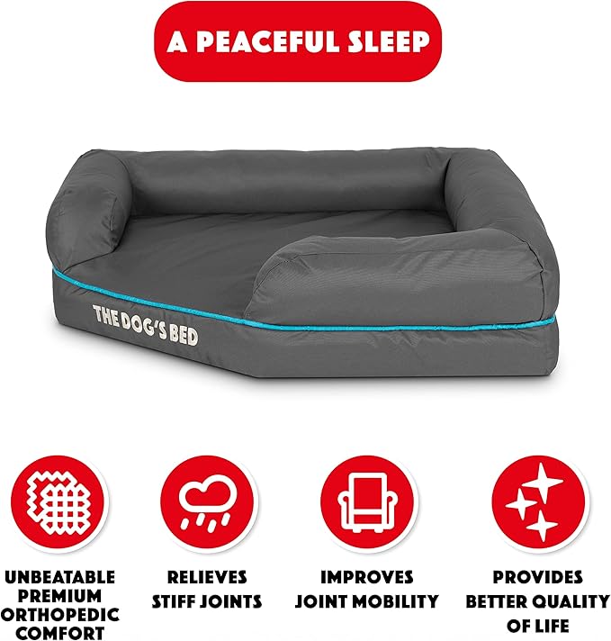 The Dog’s Bed Orthopedic Memory Foam Corner Dog Bed, Calming Surface – CertiPUR-Certified Foam, Oxford Fabric, Grey with Blue Trim, Medium
