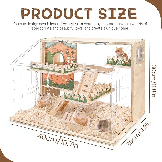 Wooden Hamster Cage Large, 16-Inch 3-Layer Acrylic Hamster Cage, Small Animal Cages with Platform and Playpen for Direct Observation, Pet Supplies