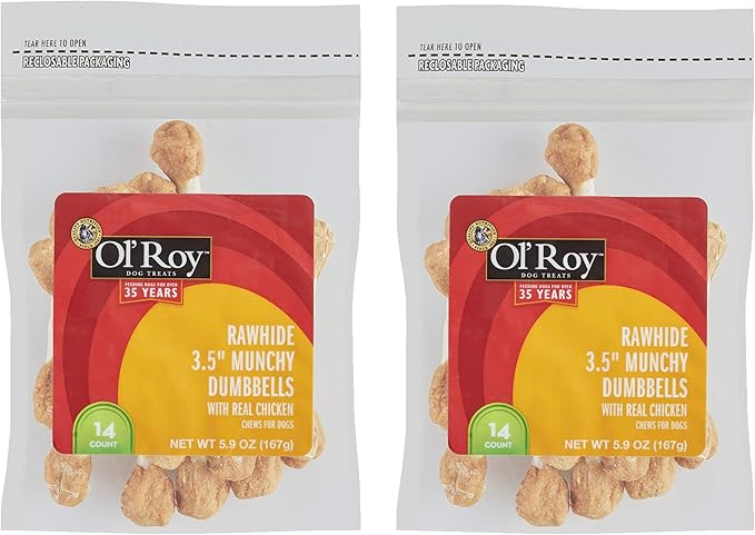 2-Pack Ol' Roy Munchy Dumbbells Chicken and Rawhide Dog Treats 5.9 oz. 28 Total Dumbbells (14-3.5 Dumbbells per Pack)
