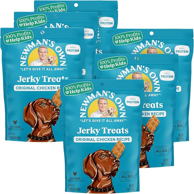 Newman's Own Chicken Jerky Dog Treats, 5 oz Bag (Pack of 6) — High Protein, Grain Free, US Farm-Raised Chicken as First Ingredient, Chewy Wholesome Training Rewards