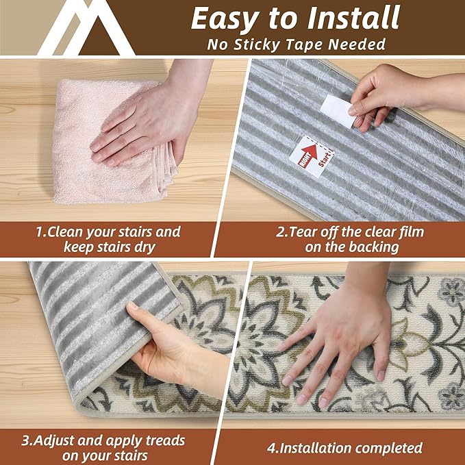 COSY HOMEER Stair Treads for Wooden Steps Washable Non Slip Stair Treads 8" X 30" Soft Stair Carpet Treads Reusable Indoor Stair Runner Rug for Kids, Elders and Pets 4pcs