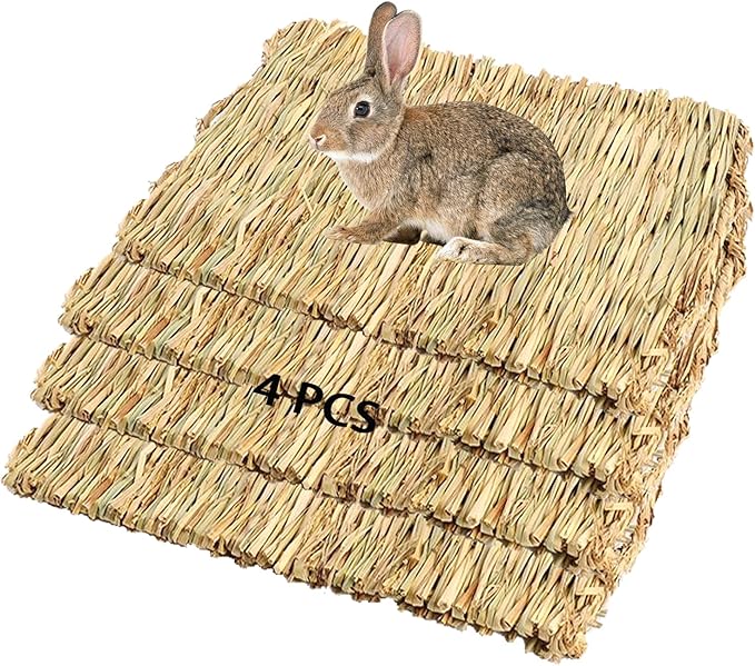 PINVNBY Straw Mats for Rabbits,11.0"x8.3" Natural Bunny Grass Mat,Handwoven Rabbit Hay Mat Small Animal Bedding Chewable & Cooling Mat - Eco-Friendly Cage Liner Nesting Toy(4 PCS)