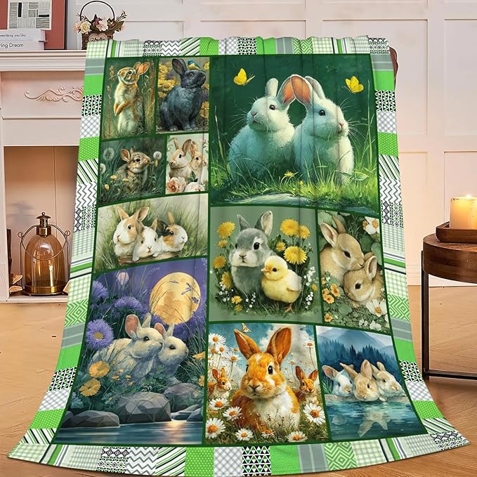 Bunny Throw Blanket Rabbit Bunny Stuff Gifts for Kids Girls Boys Adults Women Men Soft Cozy Warm Plush Fluffy Fuzzy Fleece Blanket 60''X80''