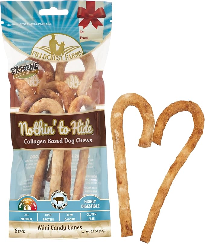 Fieldcrest Farms Nothin' to Hide Mini Holiday Candy Cane Beef Flavor Dog Chews, Rawhide-Free, Easily Digestible, Long-Lasting, All-Natural Treats for Moderate Chewers up to 15lbs, 6-Ct
