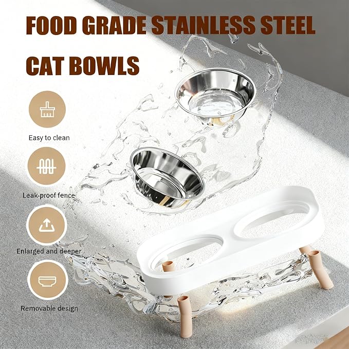 Elevated Cat Bowls, 2 Stainless Steel Raised Cat Food and Water Bowl Set, Splash Proof & Non-Slip, Whisker Fatigue Friendly, Dishwasher Safe for Cats and Small Dogs - White