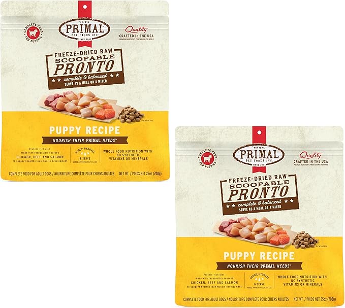 Primal Freeze Dried Puppy Dog Food, Pronto Mini Nuggets; Scoop & Serve, Complete & Balanced Meal; Also Use As Topper or Treat; Premium, Healthy, Grain Free, High Protein Raw Dog Food 25 oz (Pack of 2)