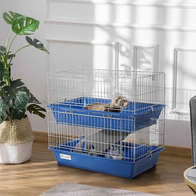 PawHut 2-Tier Guinea Pig Cage, Ferret Cage, Chinchilla Cage, Small Animal Cage Indoor with Dish and Bottle, 2 Doors, Deep Bottoms, Ramp, 28", Blue