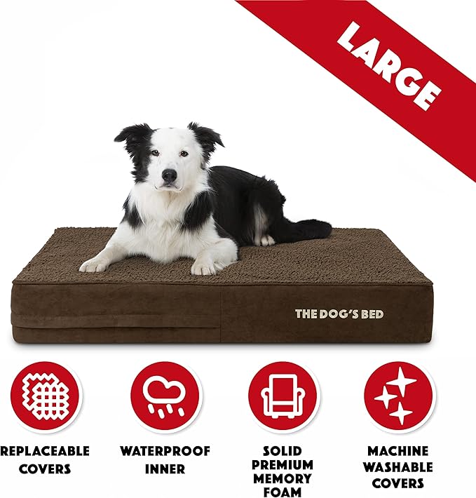 The Dog’s Bed Orthopedic Memory Foam Dog Bed for Large Dogs, Waterproof Washable Cover, Anti-Slip Base, Calming Surface – CertiPUR-Certified Foam, Brown Plush, 6 Inch Thick