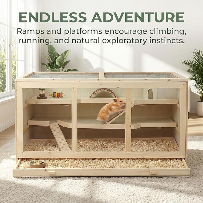 45" Extra Large Wooden Hamster Cage, Hamster Enclosure with Opening Roof & Multi-Levels, Extra Large Natural Habitat, Includes Ramps and Hut for Rabbit, Guinea Pig, Hedgehog Small Pets
