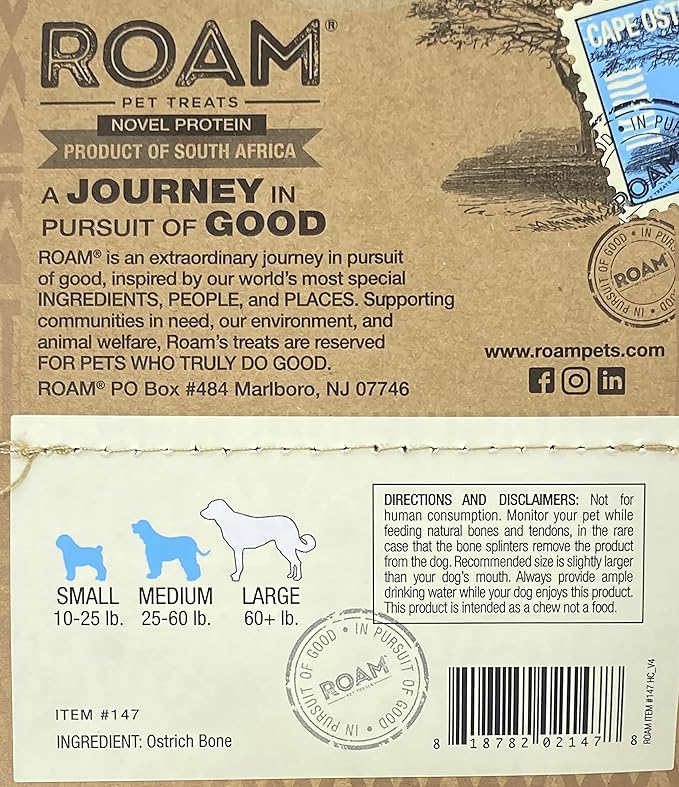 ROAM Pet Treats Small Ostrich Dog Chew, Dog Treat – Long Lasting Ostrich Bones for Dogs, Small to Medium Breeds (Pack of 2)