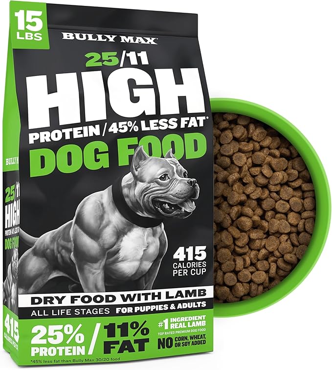 Bully Max 25/11 High Protein & Low Fat Dry Lamb Dog Food for Puppies and Adult Dogs - Chicken-Free Lamb Flavor - Natural Puppy Food for All Ages, Small and Large Breeds - Large Kibble Size, 15 lb. Bag