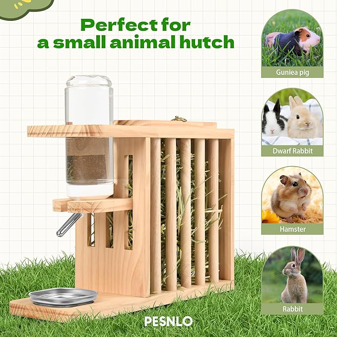 Small Animals Hay Rack with Height-Adjustable Water Bottle.Natural Wood. Wooden Bunny Hay Holder Feeder for Rabbit, Guinea Pig, Hamster, Hedgehog, Chinchillas