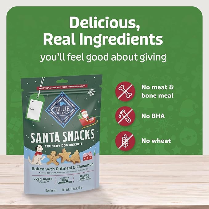 Blue Buffalo Santa Snacks Crunchy Dog Biscuits, Oven-Baked With Natural Ingredients, Oatmeal & Cinnamon, 11-oz Bag