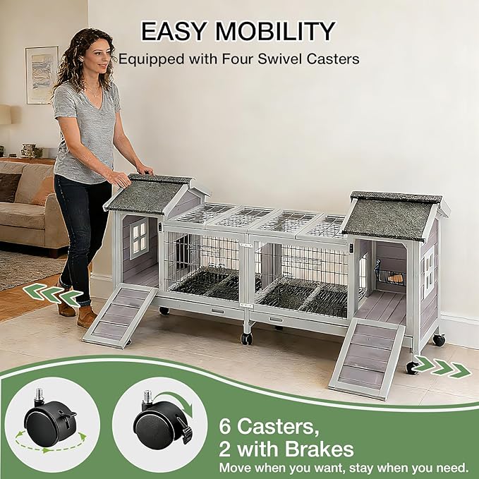 Rabbit Hutch Indoor Outdoor, Large Bunny Cage with Double House and Run, 10.4 ft² Guinea Pig House, Upgrade Deeper No-Leak Trays, On Wheels for Easy Moving