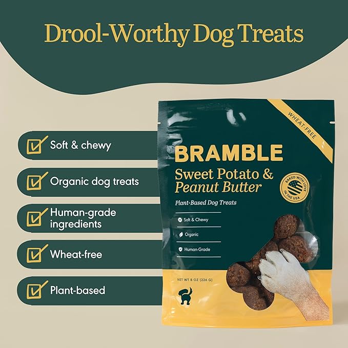 BRAMBLE Organic Dog Treats. Everyday Sweet Potato & Peanut Butter Human Grade Treats, Made with Real Ingredients, Soft & Chewy Dog Cookies. Wheat-Free Plant-Based. 8 oz