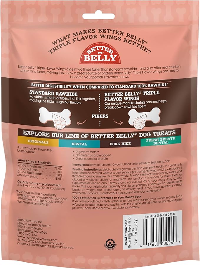 Better Belly Dog Chew, Chicken, Lamb & Sirloin Flavored Wings, 4.9 oz, 10 ct