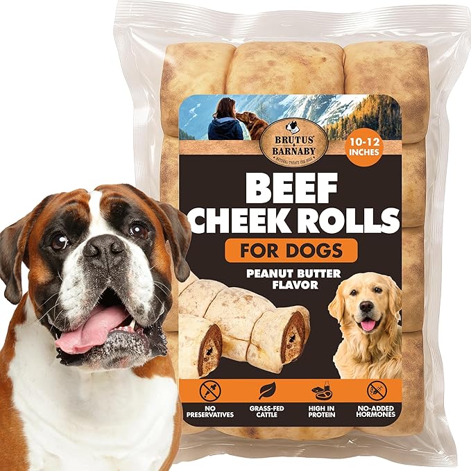 Premium Beef Cheek Rolls for Dogs 10-12" - (3-Pack), Peanut Butter Flavored Long Lasting, Safe & Natural Rawhide Alternative Chews, Ideal for Large Dogs & Aggressive Chewers, Supports Dental Health