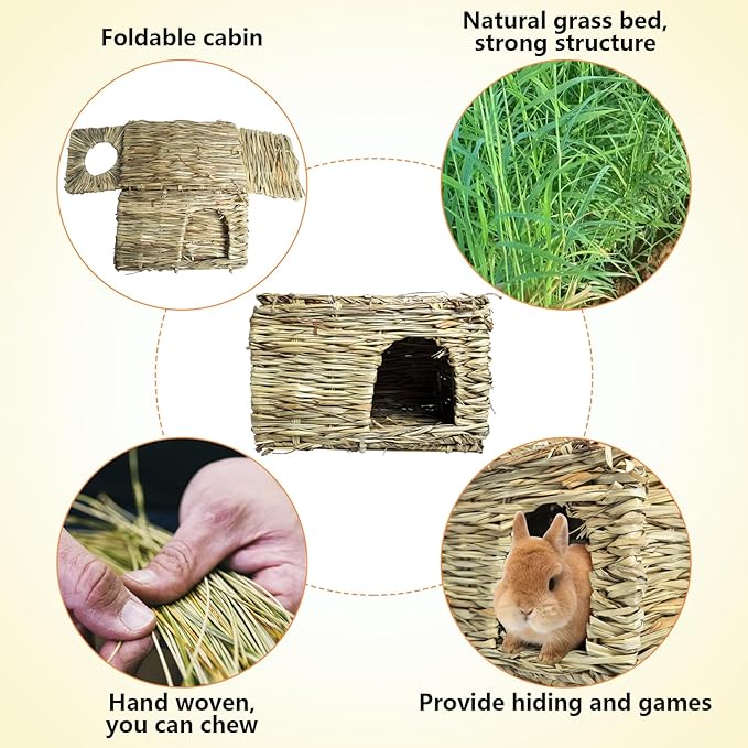 Hamiledyi Bunny Chew Toys Rabbit Rattan Grass Scratcher Climbing Tree Fun Tree Carrot Play Toys Hamiledyi 3PCS Grass House for Rabbit, Edible Bunny Hut Natural Grass Woven Foldable Pet Play