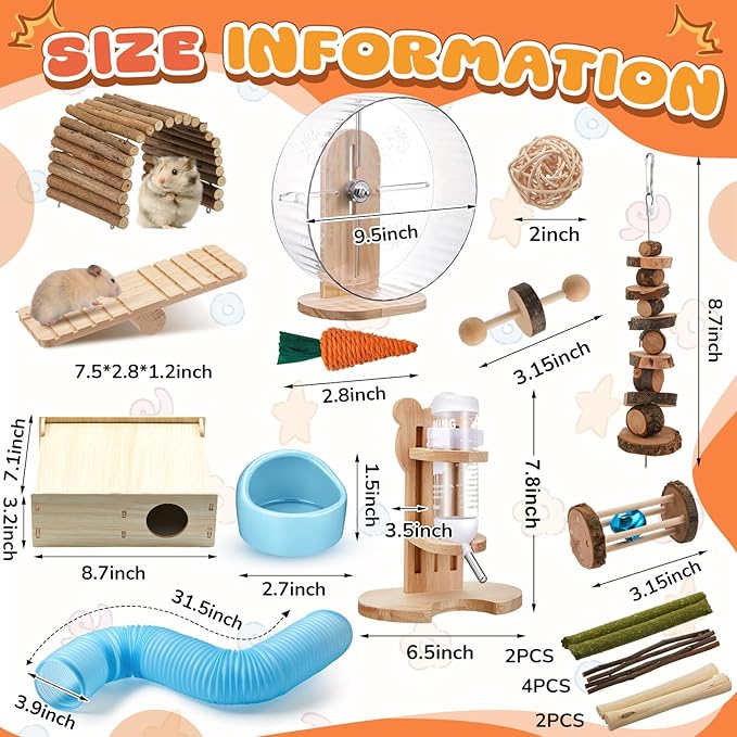 20 Pcs Hamster Toys Set, 16 Small Animal Chewing Toys, Maze Wood House, Silent Exercise Running Wheels and Water Bottle Set Feeding Bowl for Hamster Habitat Rat Cage Accessories (Blue)