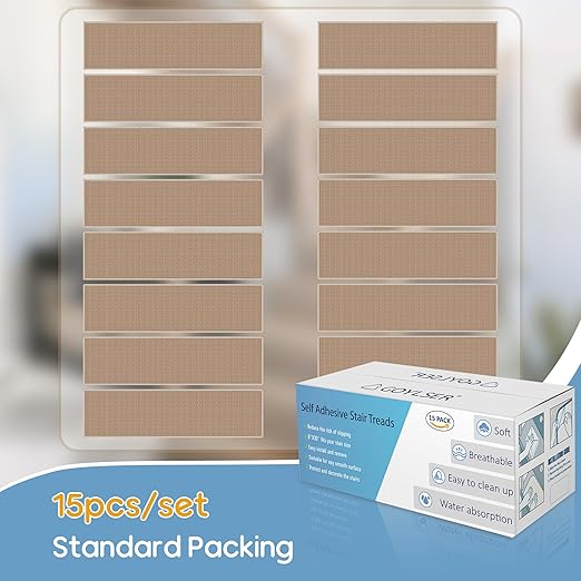GOYLSER Peel and Sticker Jute Stair Treads Non Slip for Wooden Steps Indoor, 15 Pack Rubber Backed Stair Pads Rug, Removable Khaki Adhesive Staircase Mat Step Cover