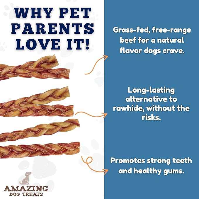 Amazing Dog Treats 12" Braided Bully Stick (5 Pcs/Pack) Bully Stick for Dogs - Made from Premium Grass Fed Beef
