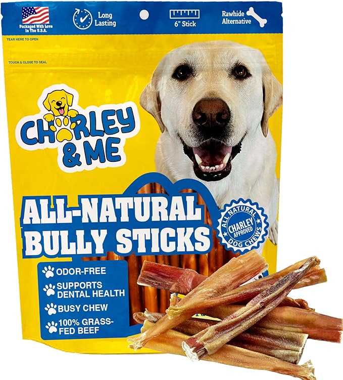 CHARLEY & ME All-Natural Bully Sticks for Dogs Made in The USA - Low-Odor, Rawhide-Free 6” Beef Chews for Aggressive Chewers & Dental Health (Pack of 25)