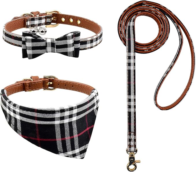 3PCS Bow Tie Dog Collar and Leash Set Plaid/Camo/Dots/Flower Dog Bandanas with Bell 3 Size Adjustable for Small Dogs Puppies and Cats (S, Black Plaid)