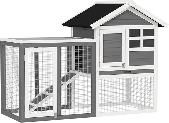 PawHut 49" Wooden Rabbit Hutch Bunny Cage with Waterproof Asphalt Roof, Fun Outdoor Run, Removable Tray and Ramp, for Rabbits, Chickens, Ducks, Gray