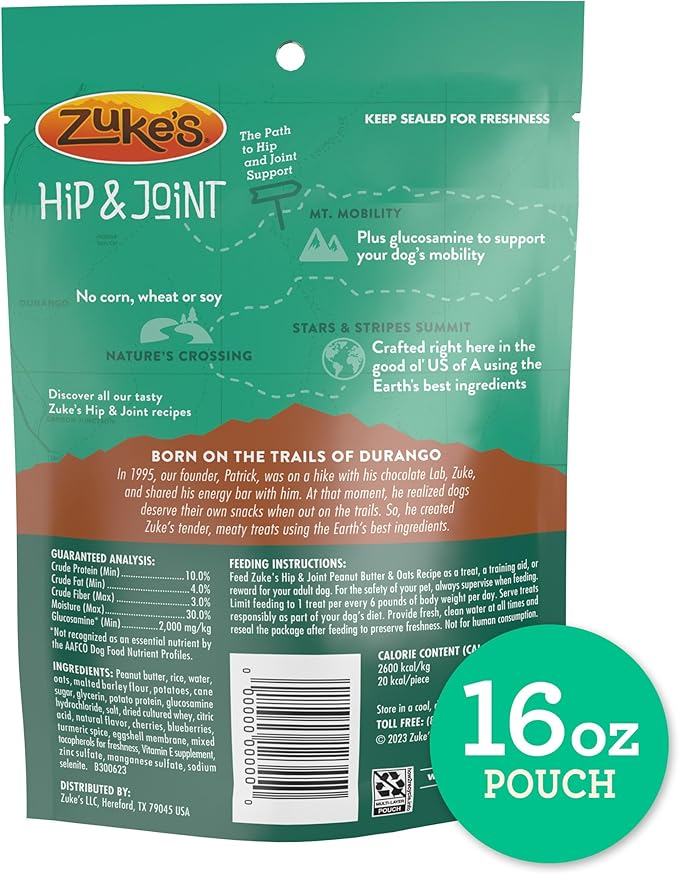 Zuke’s Hip and Joint Support Dog Treats for Adult Dogs, Senior Dog Treats Made with Real Peanut Butter and Oats, 16 oz. Resealable Pouch - 16 oz. Bag