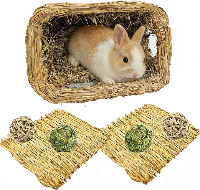 Hamiledyi Bunny Grass House Guinea Pig Grass Bed Hand-Woven Hay Hut Natural Seagrass Balls for Dwarf Rabbit Guinea Pig Chinchilla Ferret Hedgehog