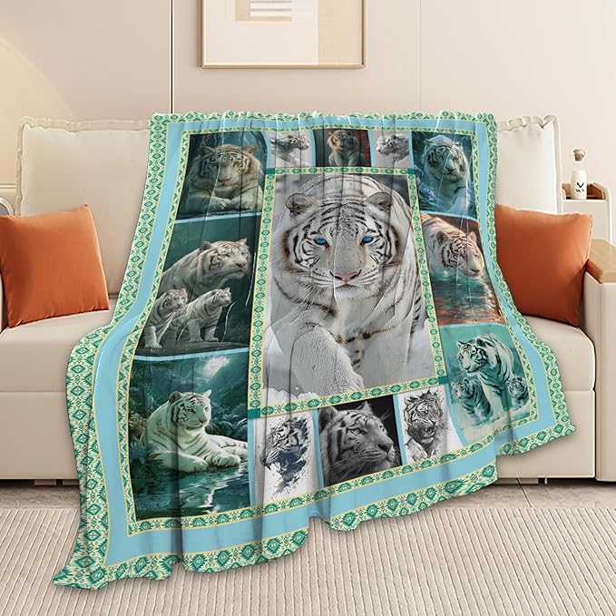 White Tiger Throw Blanket White Tiger Stuff Gifts for Kids Girls Boys Adults Women Men Soft Cozy Warm Plush Fluffy Fuzzy Fleece Blanket Decor 50''X60''