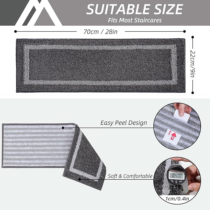 COSY HOMEER Soft Stair Treads 15pcs Non-Slip Carpet Mat 28inX9in Indoor Stair Runners for Wooden Steps,Stair Rugs for Kids and Dogs, 100% Polyester TPE Backing Grey