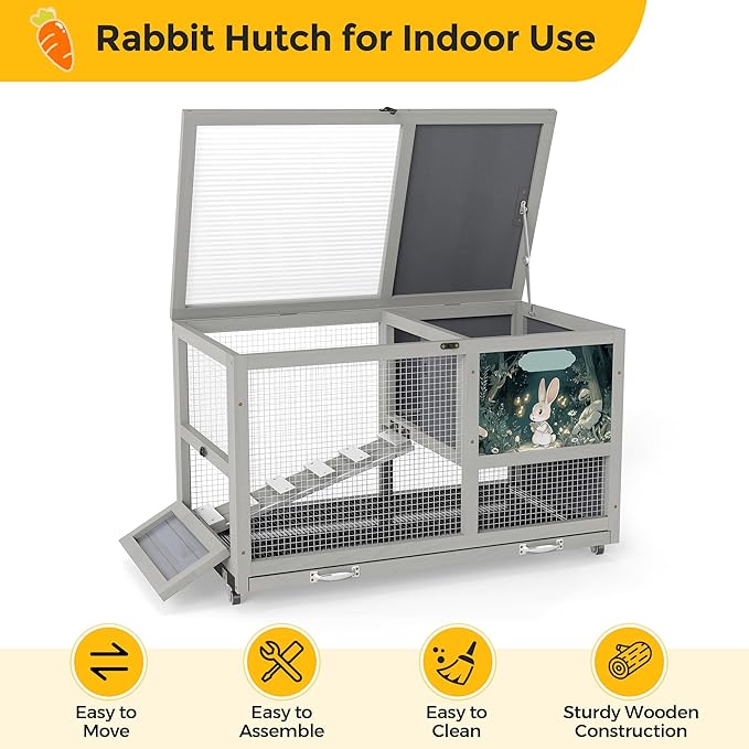 COZIWOW 36.5-Inch Double-Decker Wooden Rabbit Hutch with Wheels, Featuring A Cleaning Tray and Ladder—Stylish and Easy to Assemble（Grey and Pattern）