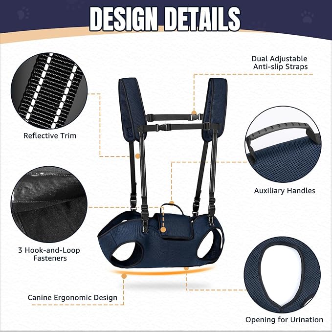 Nasjac Dog Lift Harness for Large Dogs - Full Body Dog Sling Carrier with Adjustable Straps & Control Handle, Breathable Backpack for Elderly Injured Arthritic Disabled Medium Large Dogs, Navy XL