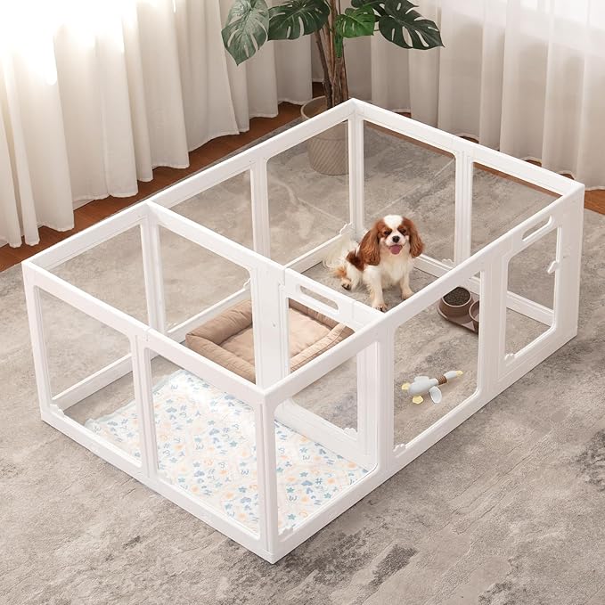 Acrylic Dog Playpen Indoor, Cloud Design Clear Dog Play Pen for Puppies and Small Dogs, Easy Assembly & Clean Puppy Pen (23.6", 12 Panels, White)