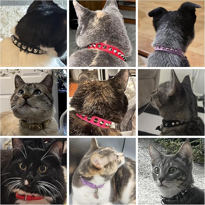 Leather Cat Collars for Boy Girl Cats with Bell and Safety Elastic Belt, Personalized Rivets Stud Adjustable Safe Buckle Collar with Skull Charm for Kitty Small Pets, Halloween Cat Collar