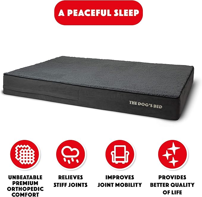 The Dog’s Bed Orthopedic Memory Foam Dog Bed for XXL Dogs, Waterproof Washable Cover, Anti-Slip Base, Calming Surface – CertiPUR-Certified Foam, Grey Plush, 6 Inch Thick