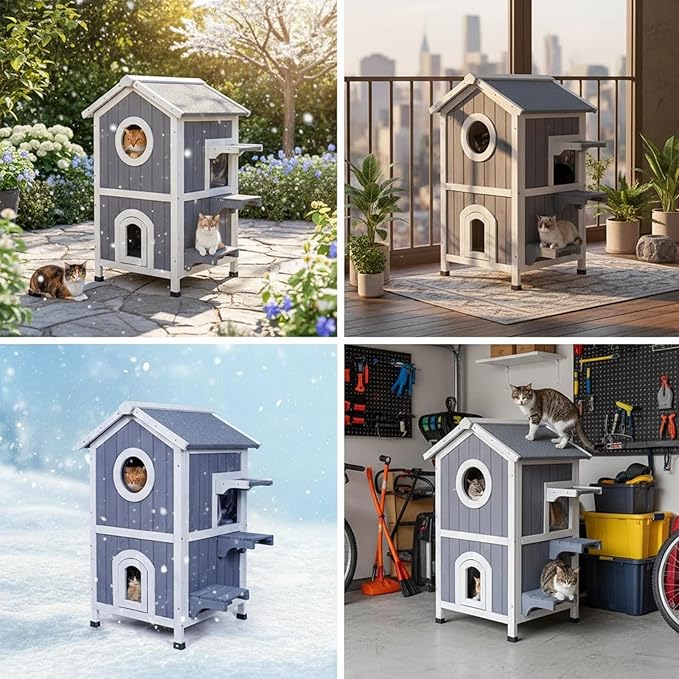 GEGURI Outdoor Cat House Winter-Proof, Two-Story Insulated Cat Shelter for Feral Cats with Thermal Layer, Removable Roof, Balcony & Escape Door, Weatherproof & Warm Shelter for Cats
