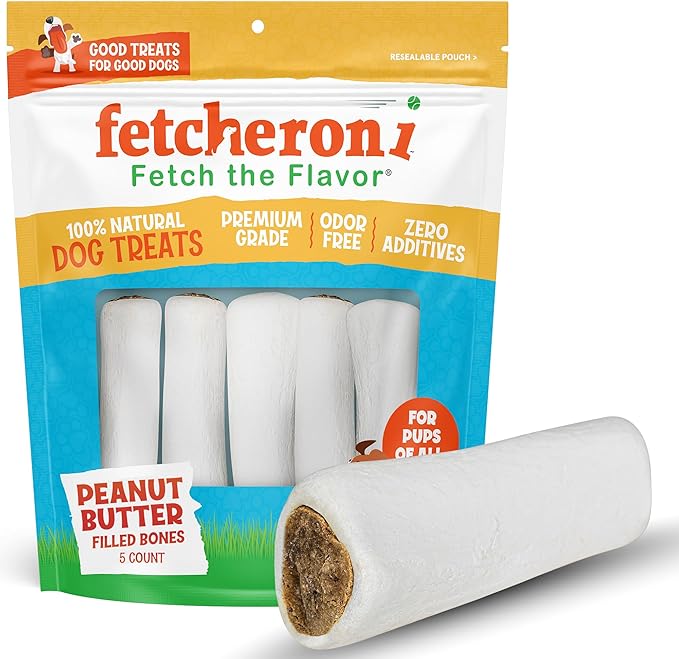 Stuffed Shin Bones for Dogs - Peanut Butter Flavor - 3-4 Inch Dental Chews - Filled Bone Treats for All Ages - Highly Digestible, High Protein - for Small, Medium and Large Pets - 5 Pack