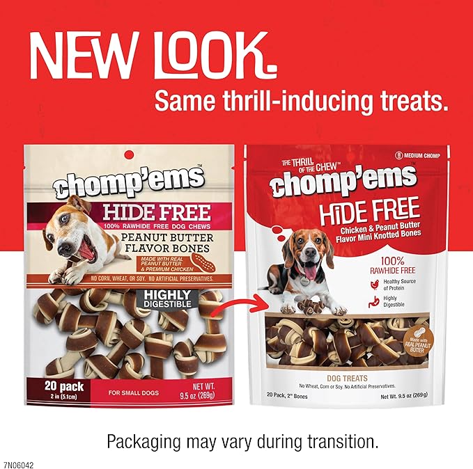 CHOMP 'EMS Chicken & Peanut Butter Hide Free Dog Chews - Rawhide Free Dog Treats - No Hide Alternative Chew Treat for All Life Stages, Bones, 2", 20 Count