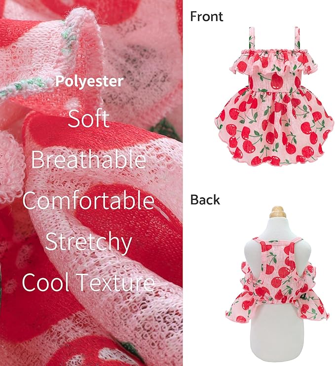 Fitwarm Cherry Dress, Clothes for Small Dogs Girl, Ruffled Hawaiian Outfit, Female Pet, Pink, Red, Small