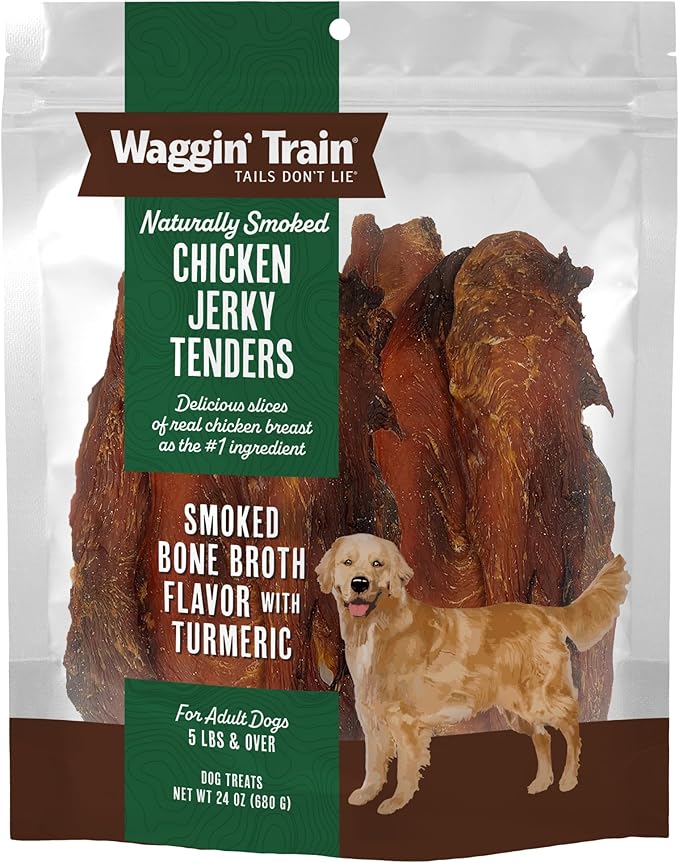 Waggin' Train Smoked Chicken Jerky Tenders for Dogs with Turmeric and Human Grade Bone Broth, Grain and Corn Free, High Protein, Premium Limited Ingredient 100% Real Chicken Dog Treats, 24 oz. Pouch