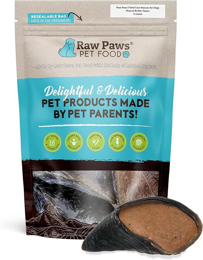 Raw Paws Filled Cow Hooves for Dogs - Peanut Butter Flavor, (5-Count) Natural Beef, Free Range Cow Hooves - Peanut Butter for Dogs - Stuffed Cow Hoof Dog Chews