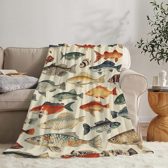 Fish Throw Blanket Fish Gifts for Kids Girls Boys Adults Women Men Soft Cozy Warm Plush Fluffy Fuzzy Fleece Blanket Birthday Festival Decor 60''X80''