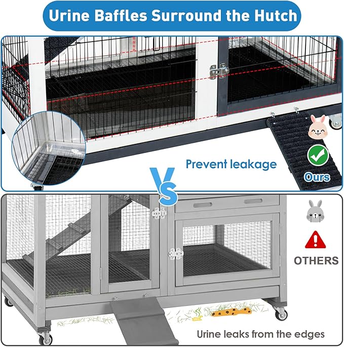 FunXplore 2-Tier Rabbit Hutch, Indoor & Outdoor Mobile Bunny Cage with Urine Guards, Weatherproof Asphalt Roof, 2 Pull Out Trays, Sturdy Small Animal Cage for Guinea Pig