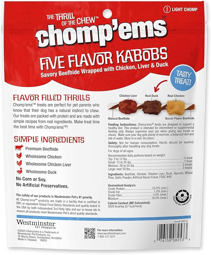 CHOMP 'EMS Five Flavor Kabobs Dog Treats - Beefhide Chewstick - High Protein Dog Chews, 15 Count